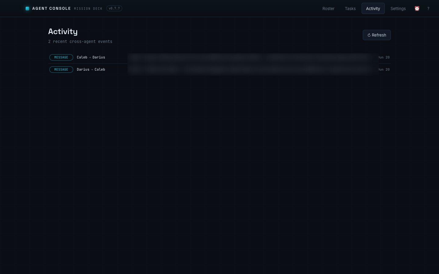 Cross-agent activity feed showing messages handed between agents
