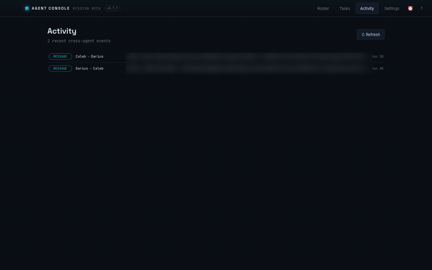 Cross-agent activity feed showing messages handed between agents