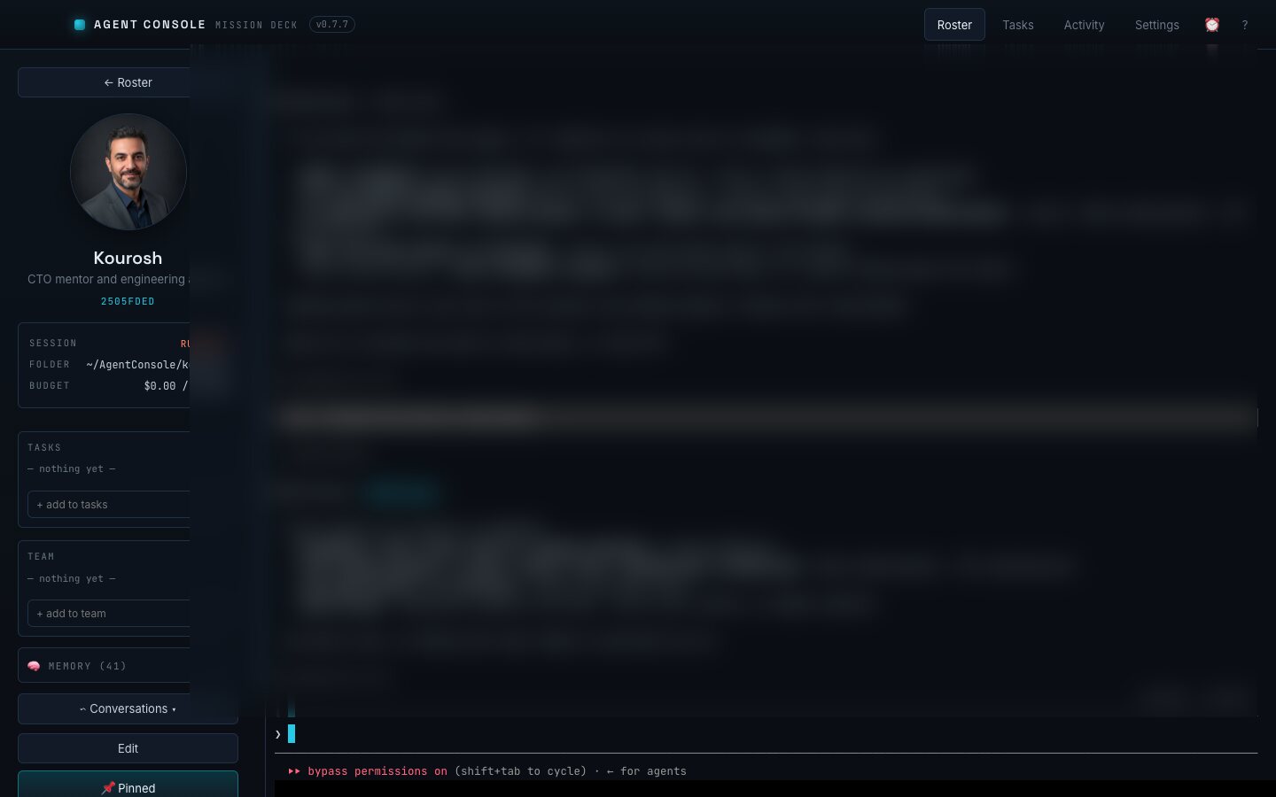 An open agent session: a live terminal alongside the agent's role, budget, and conversation history