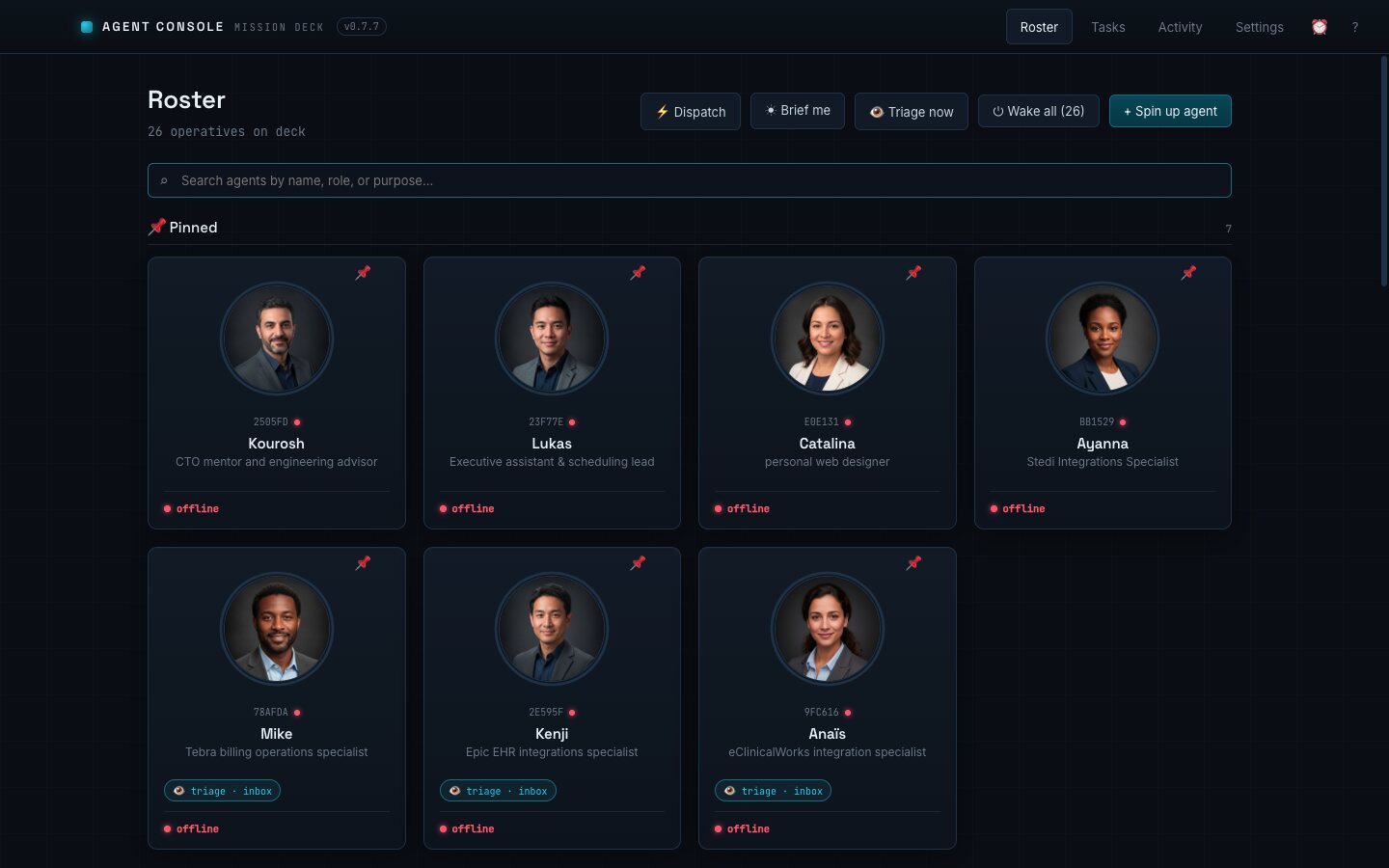 Agent Console roster of AI agents