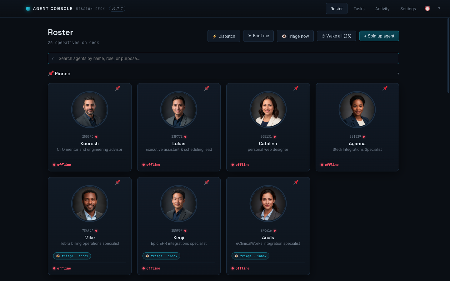 Agent Console roster of AI agents