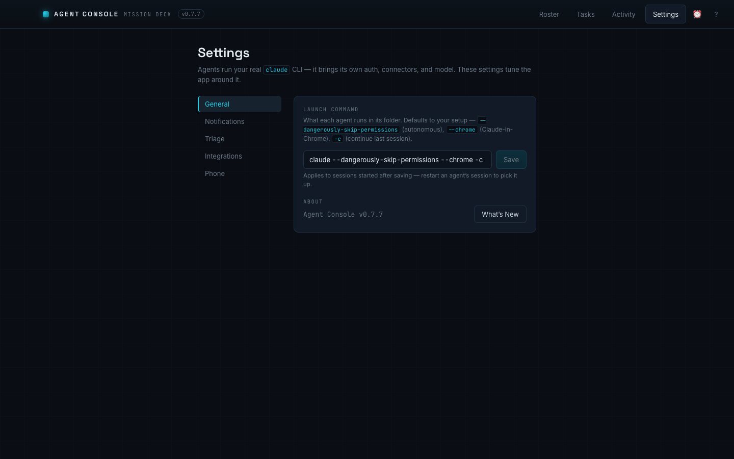 Settings panel for tuning how each agent launches
