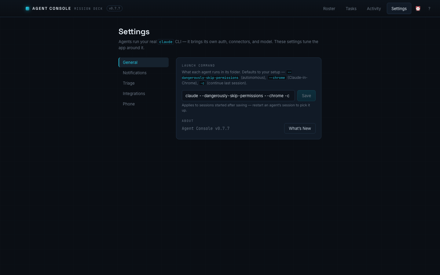 Settings panel for tuning how each agent launches