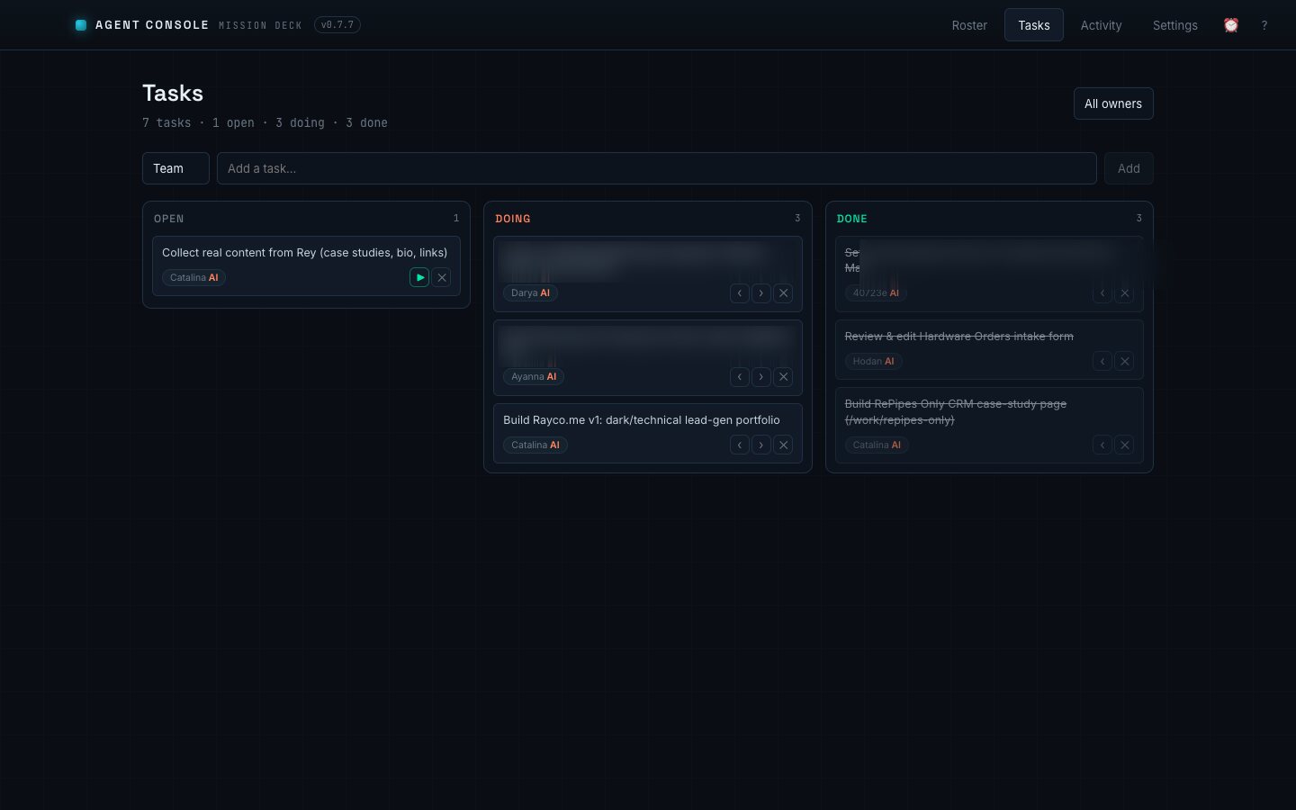 Shared task board with open, doing, and done columns across agents