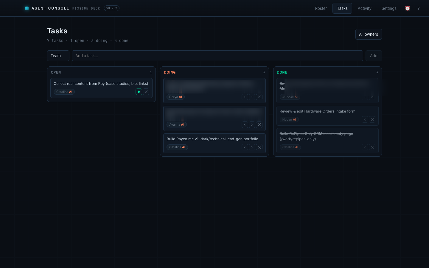 Shared task board with open, doing, and done columns across agents
