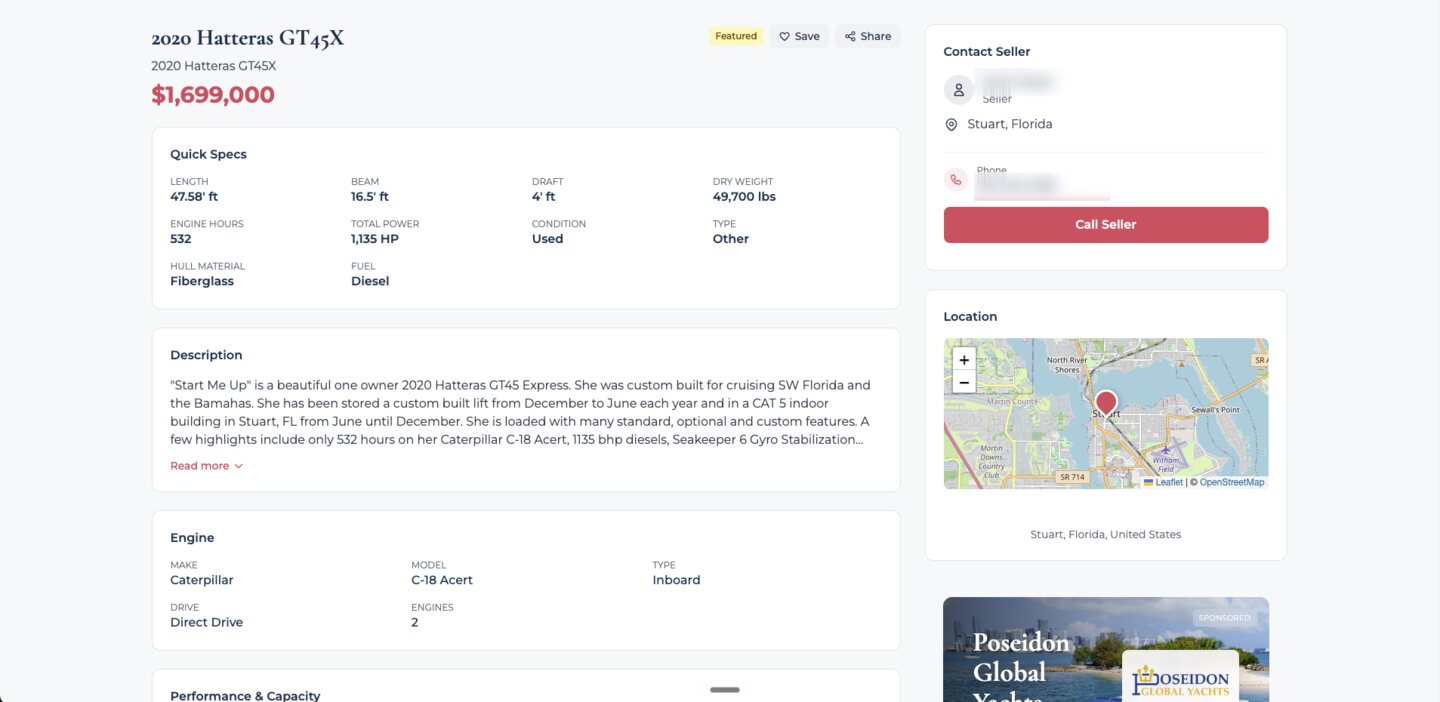 Boat detail page with specs, description, engine details, and a location map