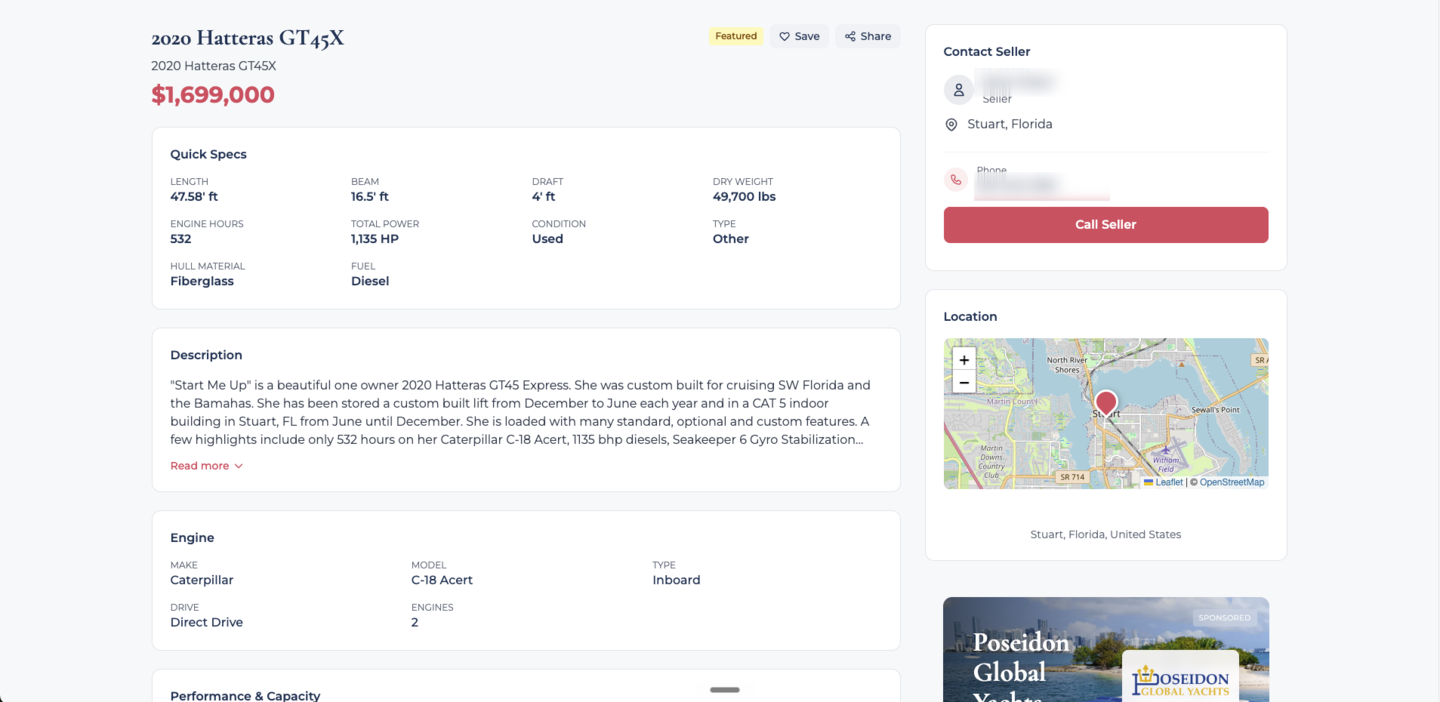 Boat detail page with specs, description, engine details, and a location map