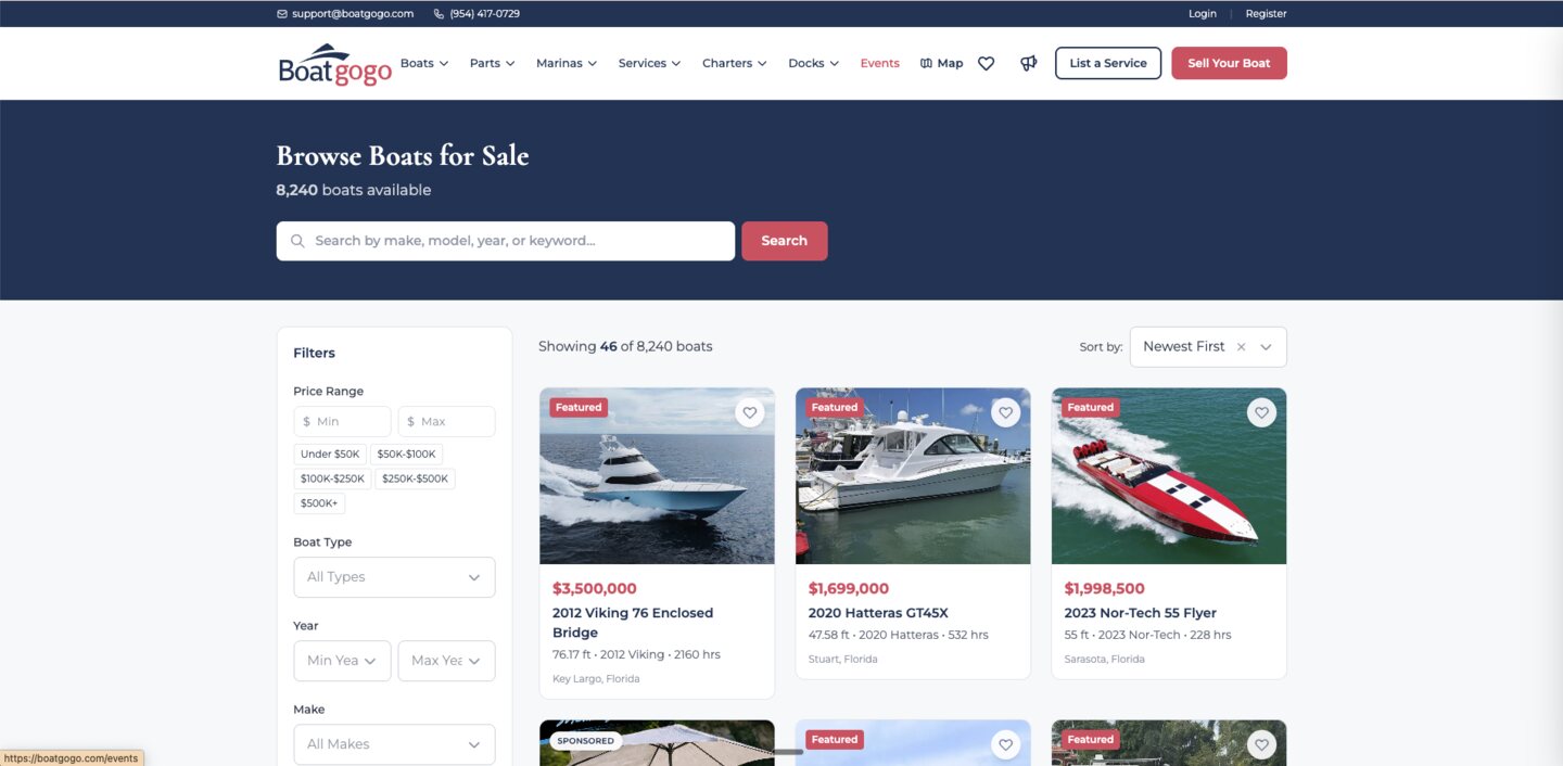 Boat listings page with filters and featured boats across thousands of results