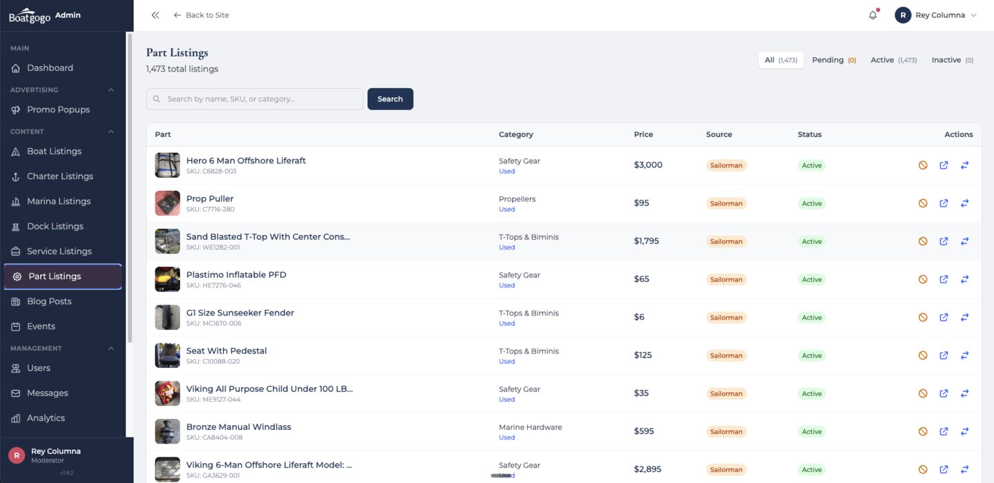 Admin listings management table with categories, prices, sources, and status