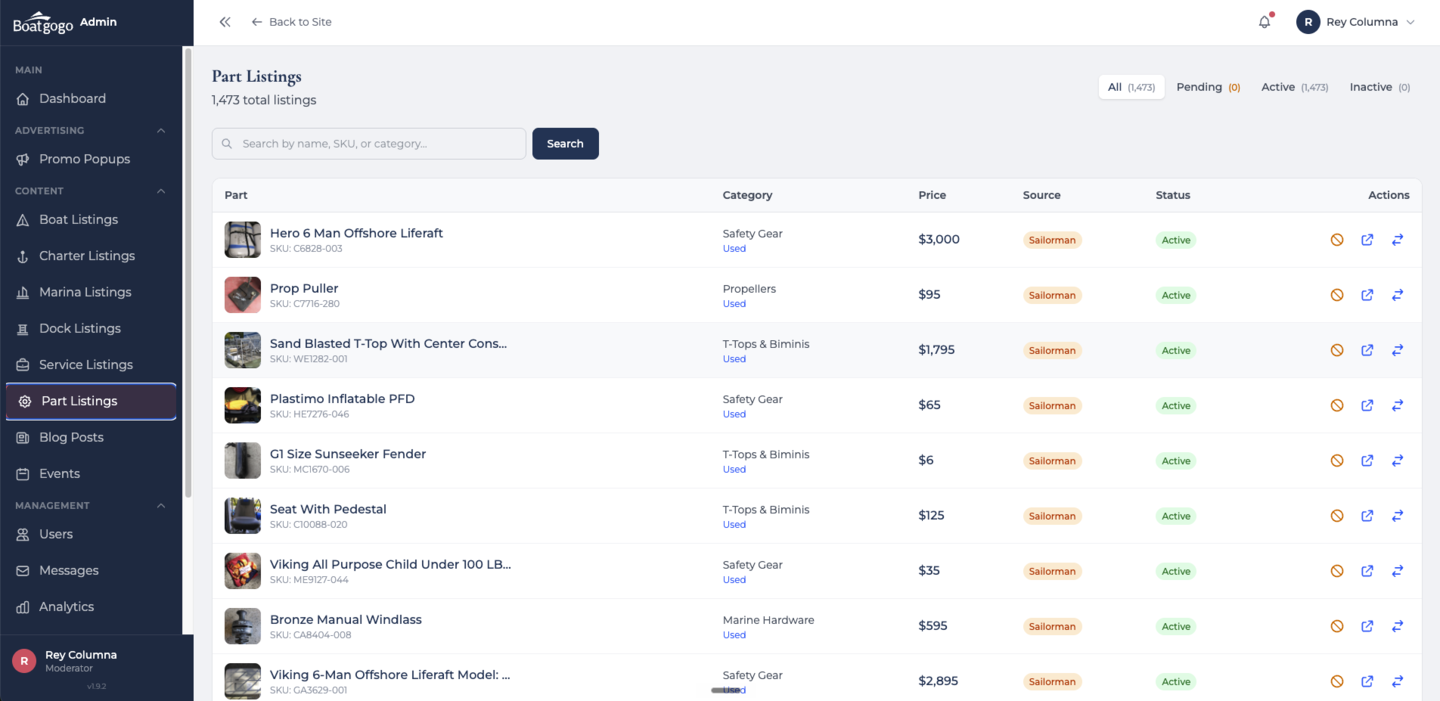 Admin listings management table with categories, prices, sources, and status
