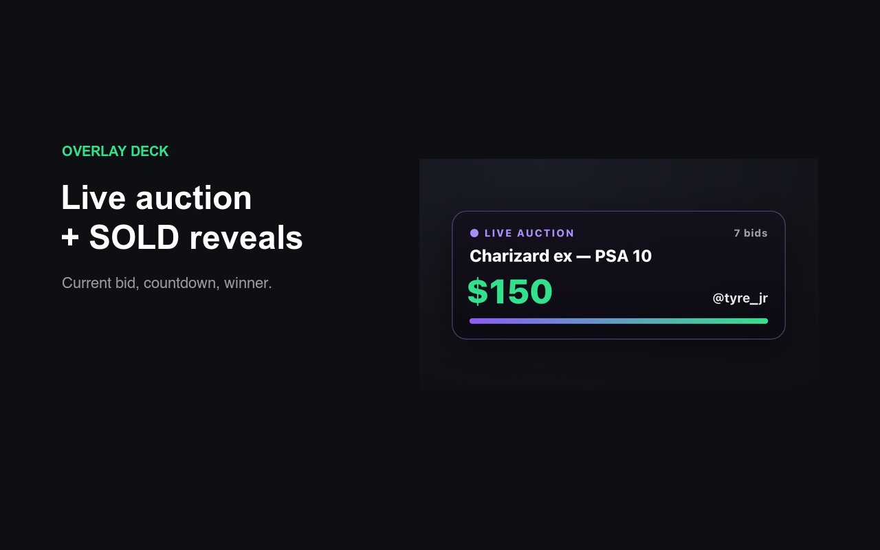 Live auction overlay with current bid and sold reveal