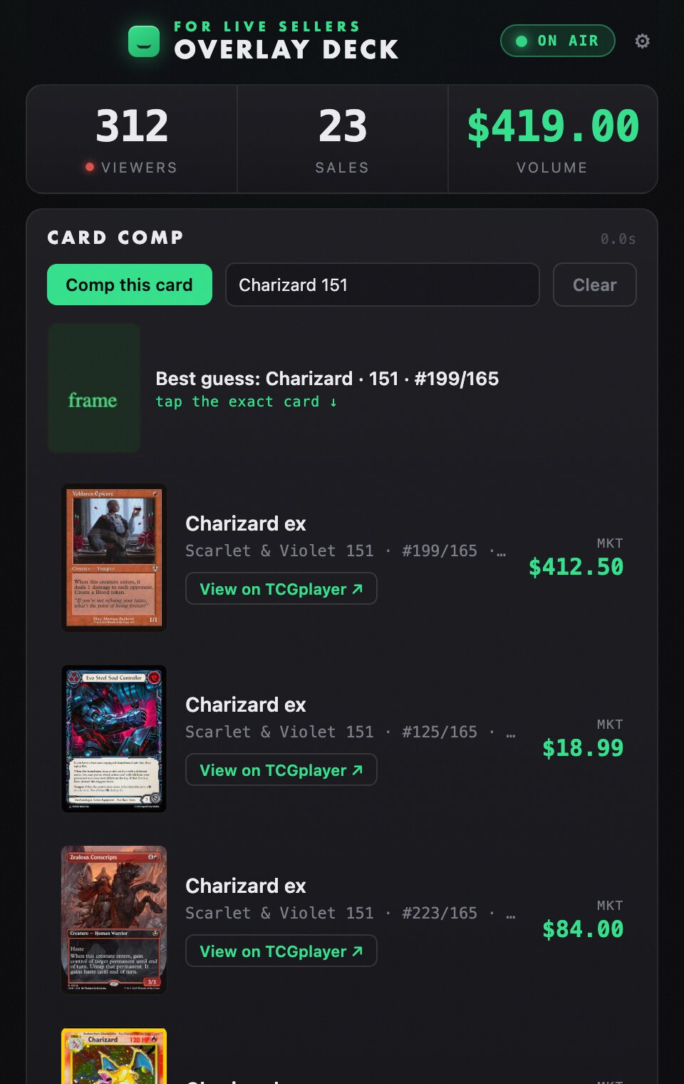Card pricing view identifying a card and showing live market prices