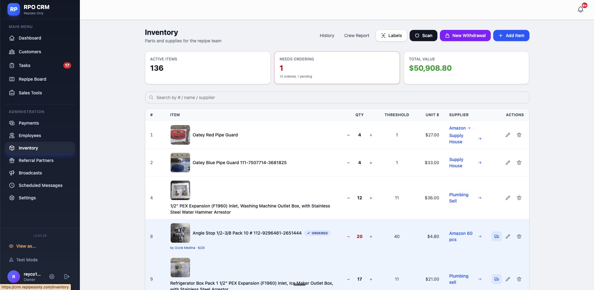 Inventory management screen showing parts, stock levels, thresholds, and suppliers