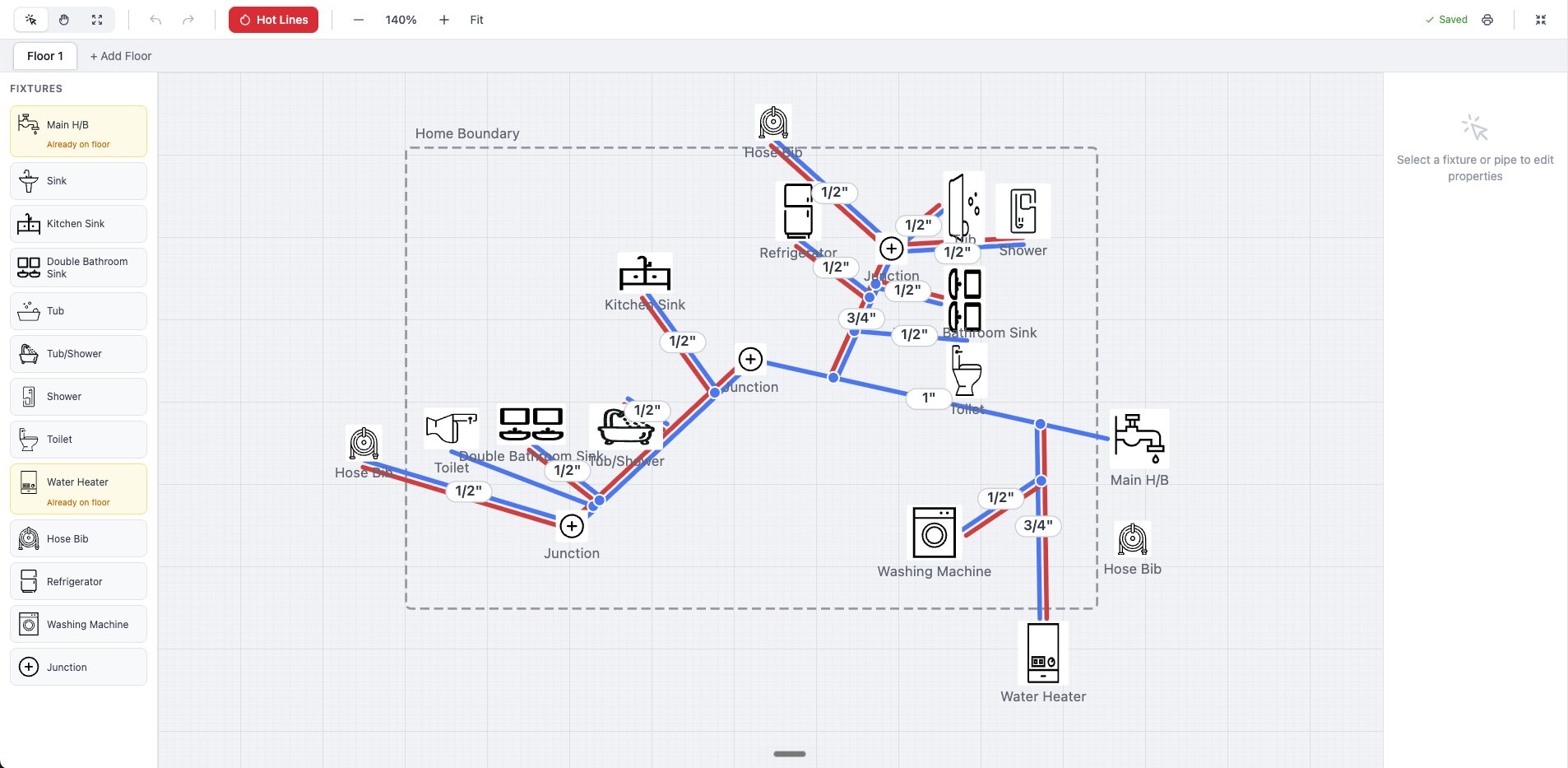 Visual pipe-layout planner: a floor plan with fixtures and color-coded pipe routing